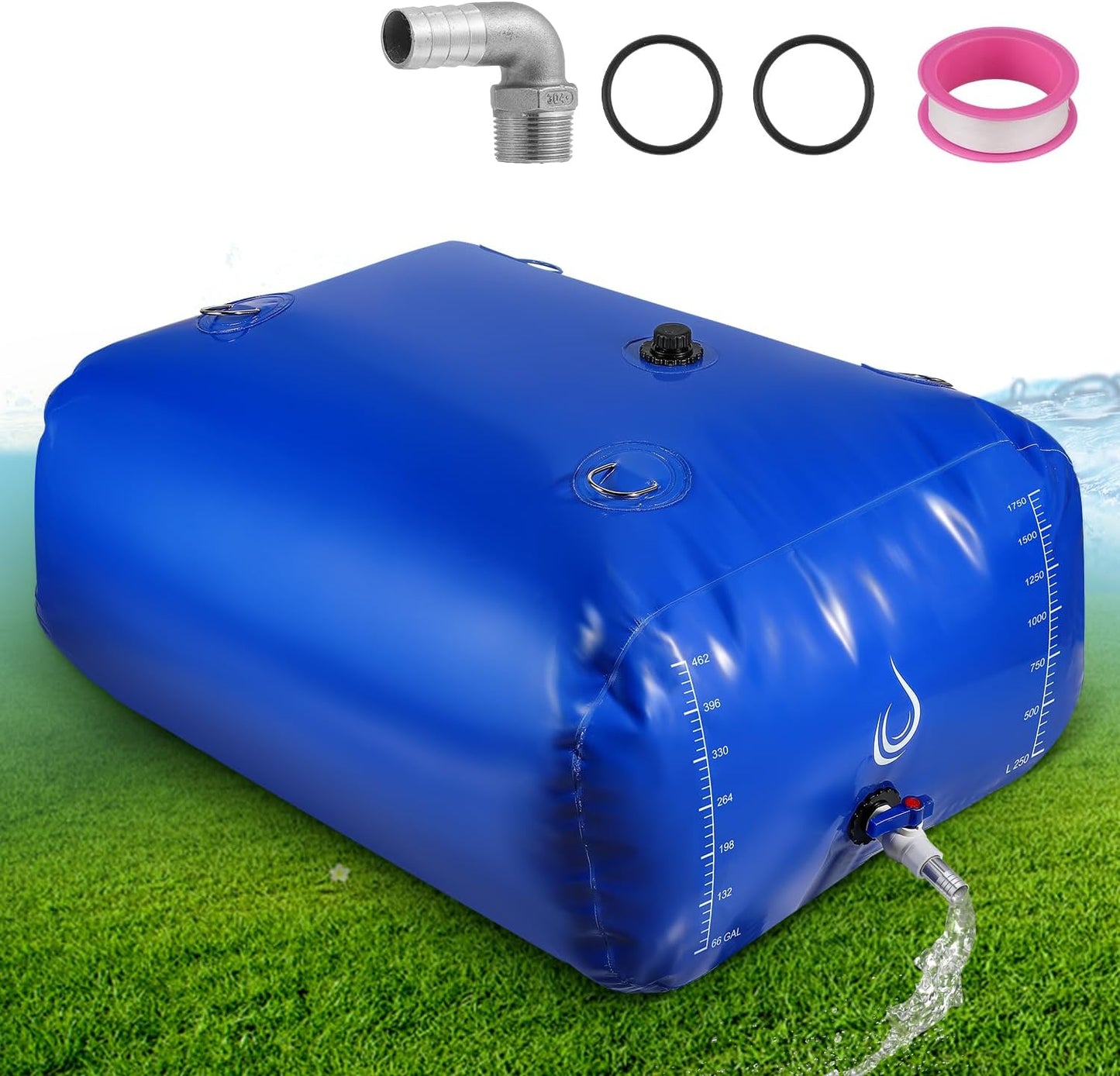 LANUEVA 528 Gal/2000L Portable Water Storage Bladder, 1000D PVC Foldable Water Tank with Spigots and Overflow Kit, Water Storage Containers for Emergency Water, RV, Irrigation&Camping (Blue, 2000L)