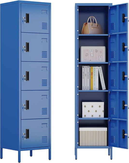 METAN Metal Storage Employees Locker with 5 Lockable Doors,Locking Storage Cabinets for Small Spaces,Home,School,Gym,Assembly Required,Blue
