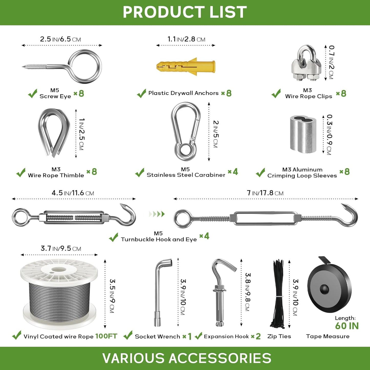 1/8" Wire Rope Kit, 100FT Steel Wire Cable, Vinyl Coated Stainless Steel Cable with Turnbuckles for Outdoor, Garden, Kitchen and Craft Projects