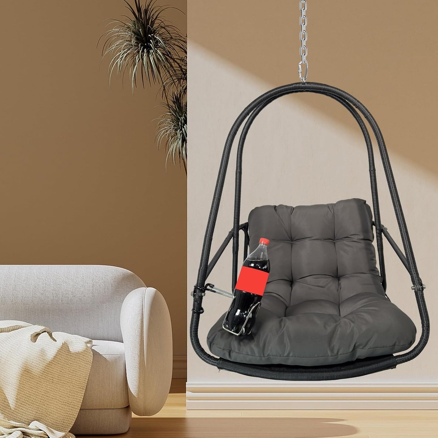 JESE Swing Egg Chair Without Stand Foldable Frame Hanging Chairs for Indoor Outside,with UV Resistant Waterproof Cushion&Cup Holder,Swing Hammock Chair for Patio,Bedroom,Balcony,Garden,Backyard,Black