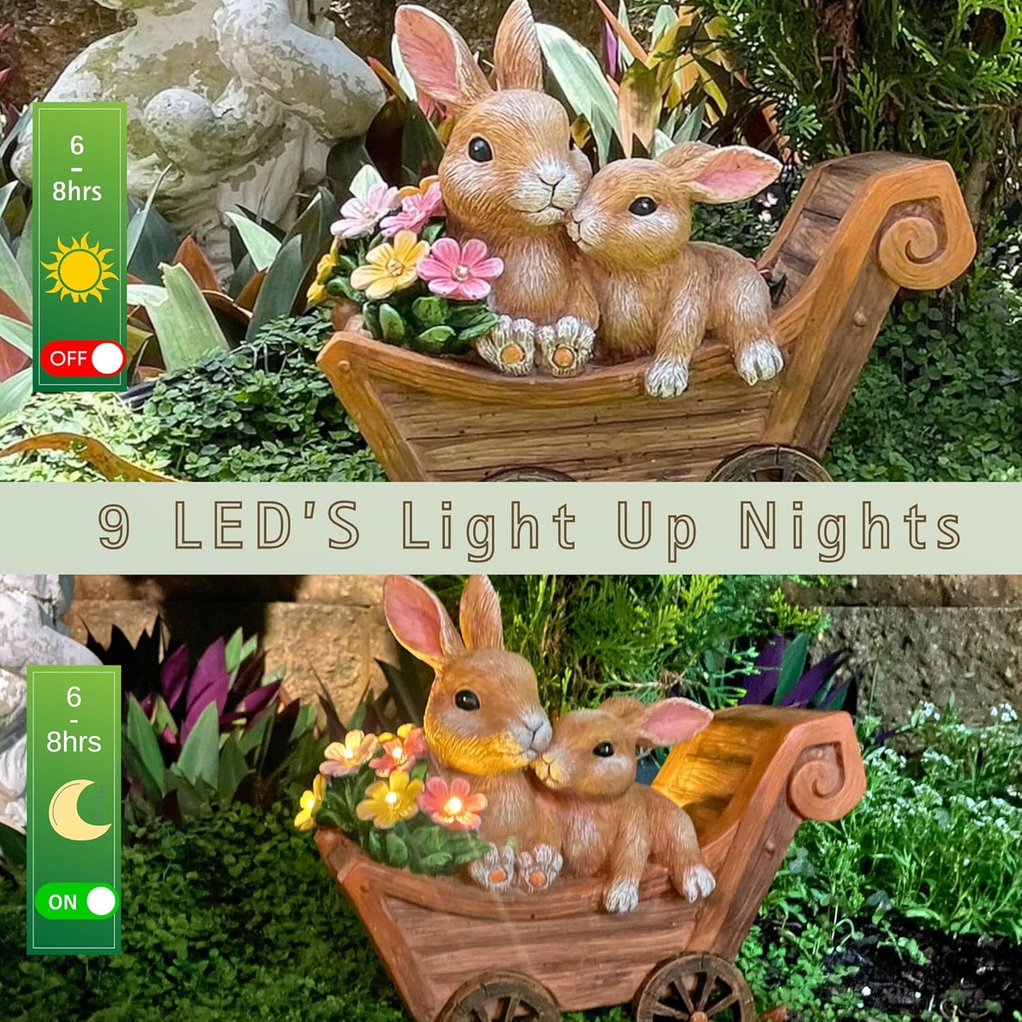 PRETMANNS Solar Rabbit Garden Statue - Mother & Baby Bunny Outdoor Decor with LED Lights for Patio, Yard Ornament & Gifts for Women & Mom - Medium