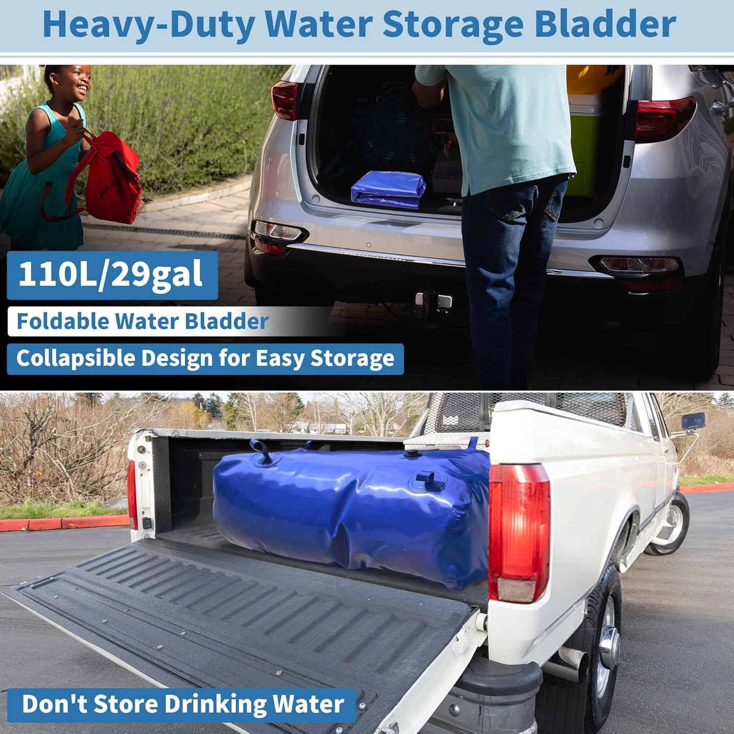 110 L/29 gal Water Bladder Storage Container Large Capacity Foldable Portable Water Tank Urgency Water Bladder Soft Water Bag RV Camping Garden Watering Field Irrigation 1000D