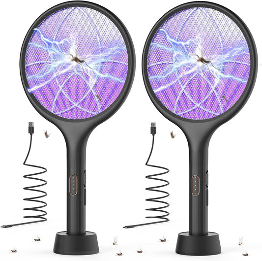 YISSVIC Electric Fly Swatter Bug Zapper Racket Dual Modes Mosquito Killer with Purple Mosquito Light Rechargeable for Indoor Home Office Backyard Patio Camping (Black 2 Pack)