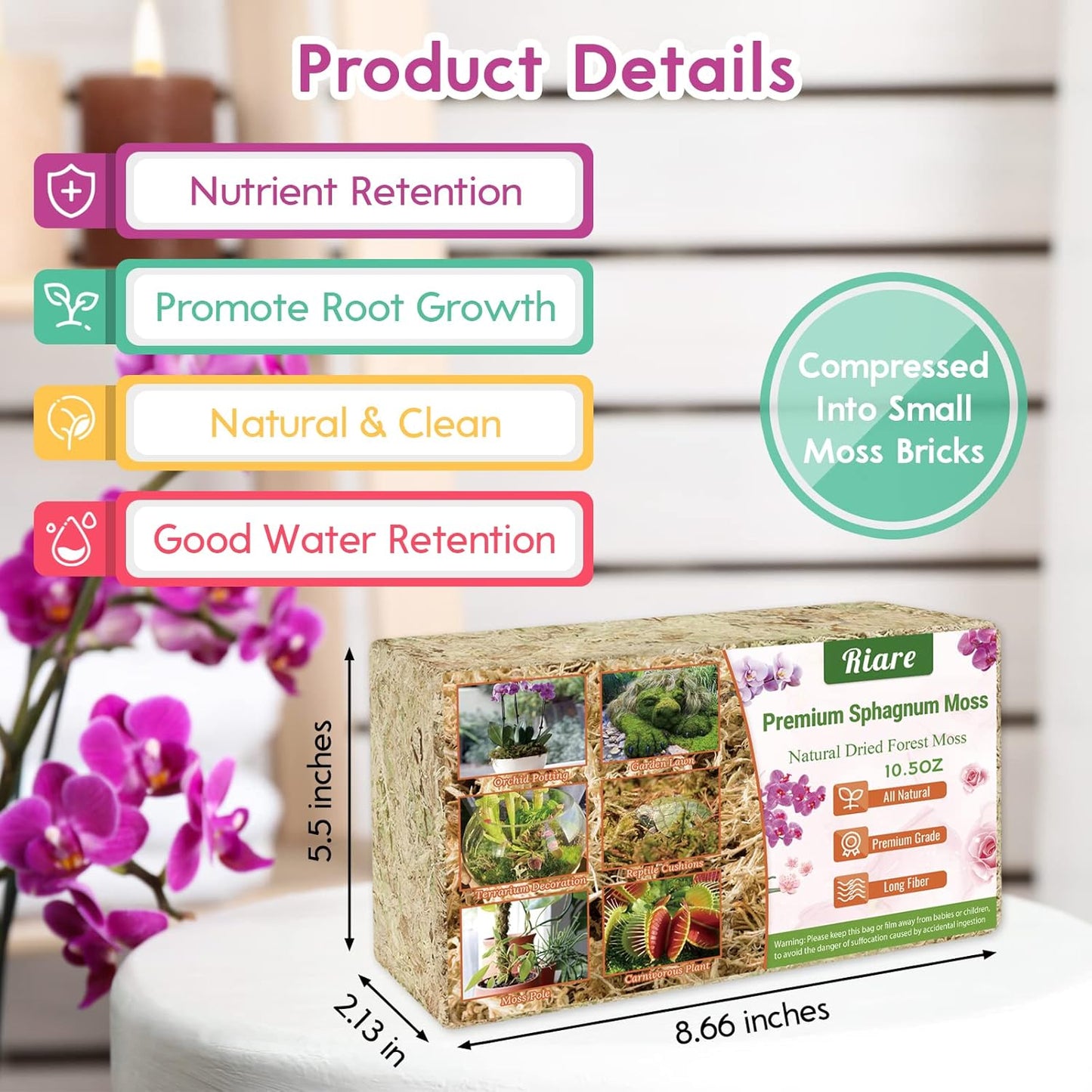 Riare 10 OZ Premium Sphagnum Moss- Natural Long Fibered Sphagnum Peat Moss Plants Moss Dried, Carnivorous Plants Moss Orchid Potting Mix for Orchids, Carnivorous Plants, Succulent (12QT)