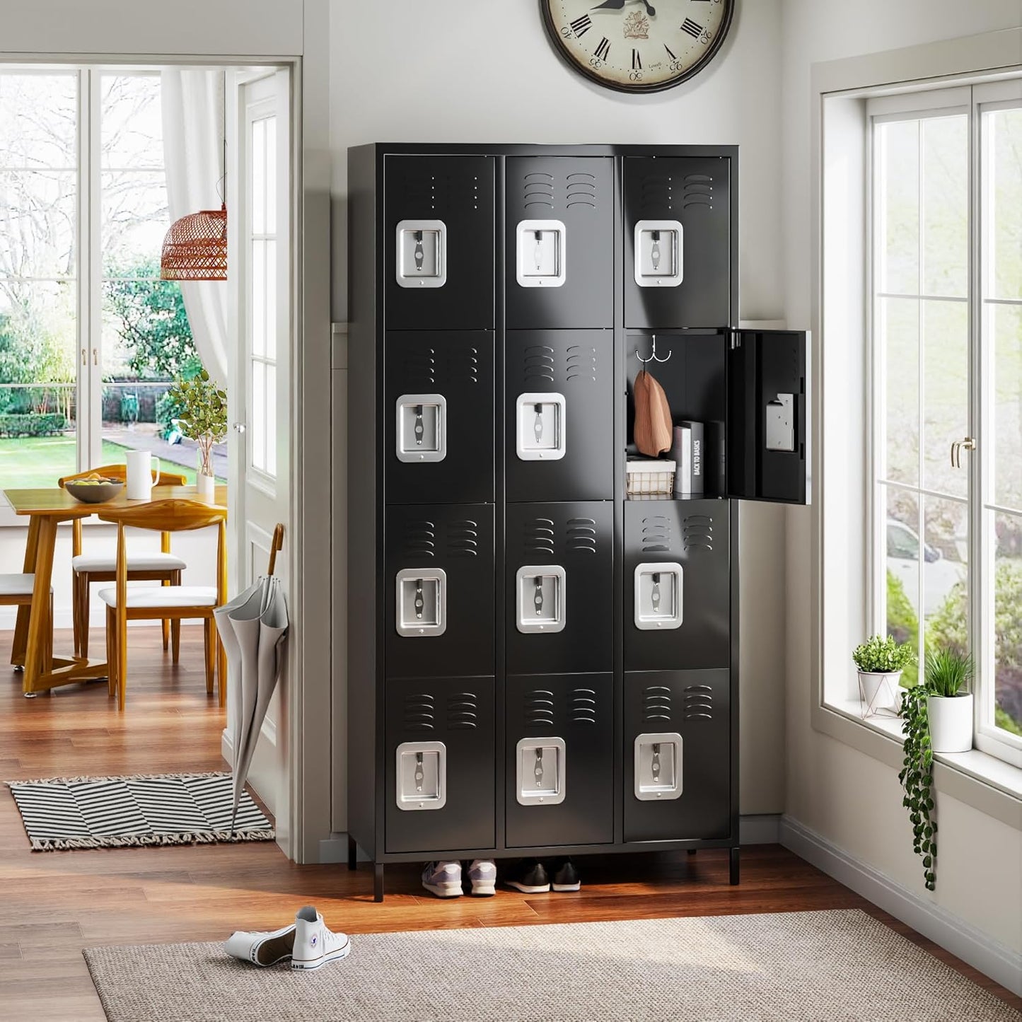 Aobabo 12 Doors Metal Storage Locker for Employees, Storage Locker with 12 Hooks for Garage School Office Gym, Black, Assembly Required