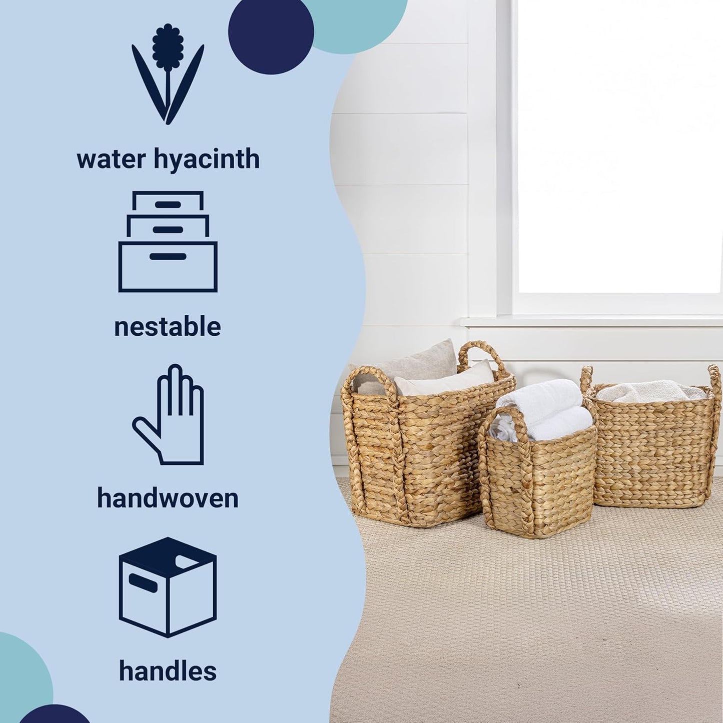 happimess BSK2001A-3SET Clara Farmhouse Classic Handwoven Hyacinth Rectangle Floor Wicker Storage Baskets with Handles, Natural (Set of 3), Seagrass Containers for Decoration in Living Room, Bedroom