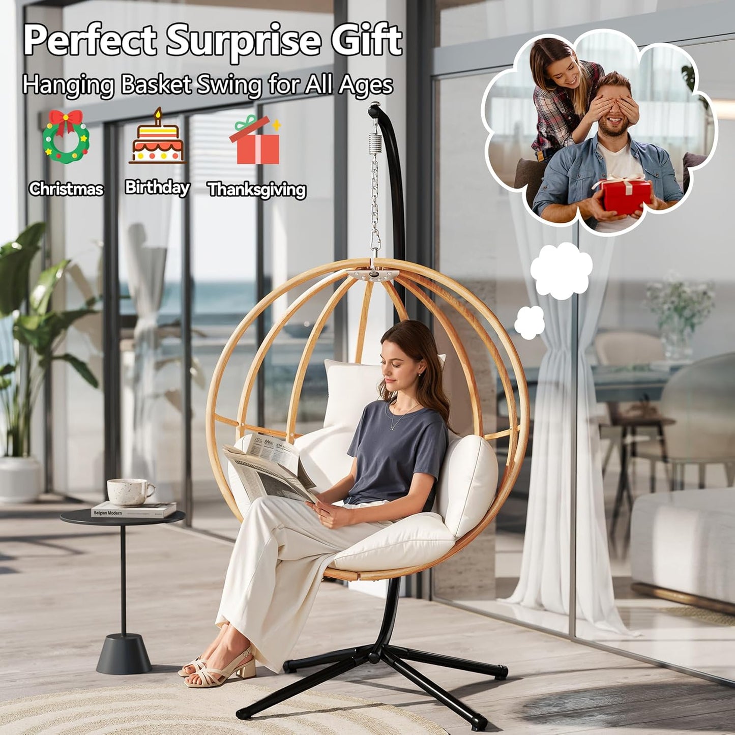 Egg Chairs Outdoor, Hanging Egg Chair with Stand, All Weather Swing Chair, Modern Swinging Egg Chairs Indoor, Metal Hanging Chairs with Cushions, Patio Lounge Chair for Balcony/Deck, Beige