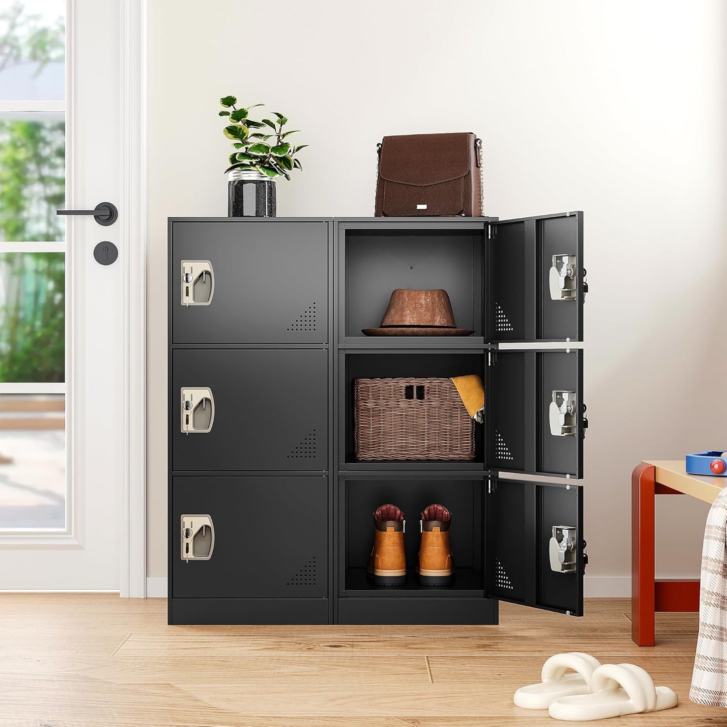 SISESOL 3 Door Metal Locker Storage Cabinet with Doors and Shelves,Black Metal Lockers with,Lockable Locker Storage Cabinet for Employees,School, Office, Home, Gym,17.8" D x 15" W x 36.5" H