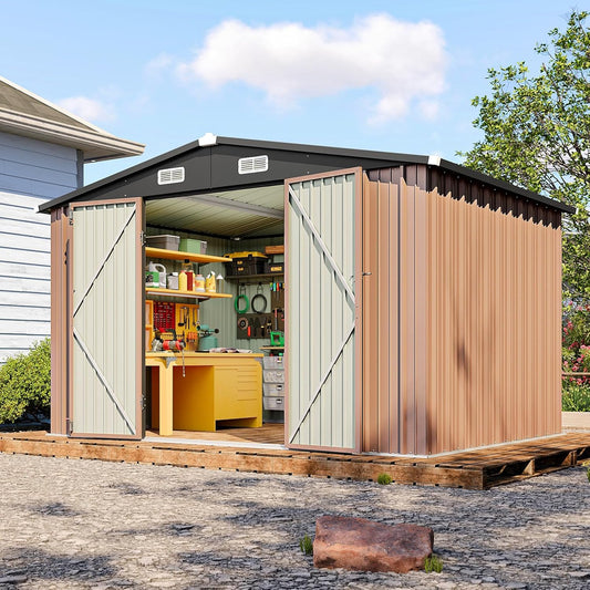 8x10 FT Outdoor Storage Shed, Utility Steel Tool Shed with Lockable Door and Air Vents, Galvanized Metal Shed for Garden Backyard Patio Lawn (8'x10', Brown)