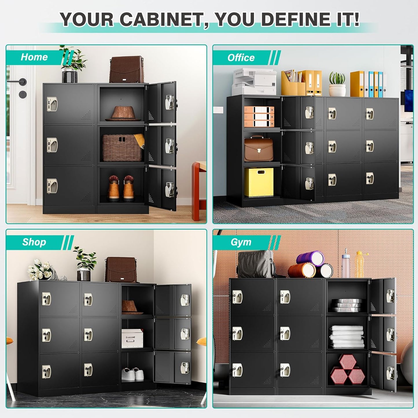 SISESOL 3 Door Metal Locker Storage Cabinet with Doors and Shelves,Black Metal Lockers with,Lockable Locker Storage Cabinet for Employees,School, Office, Home, Gym,17.8" D x 15" W x 36.5" H