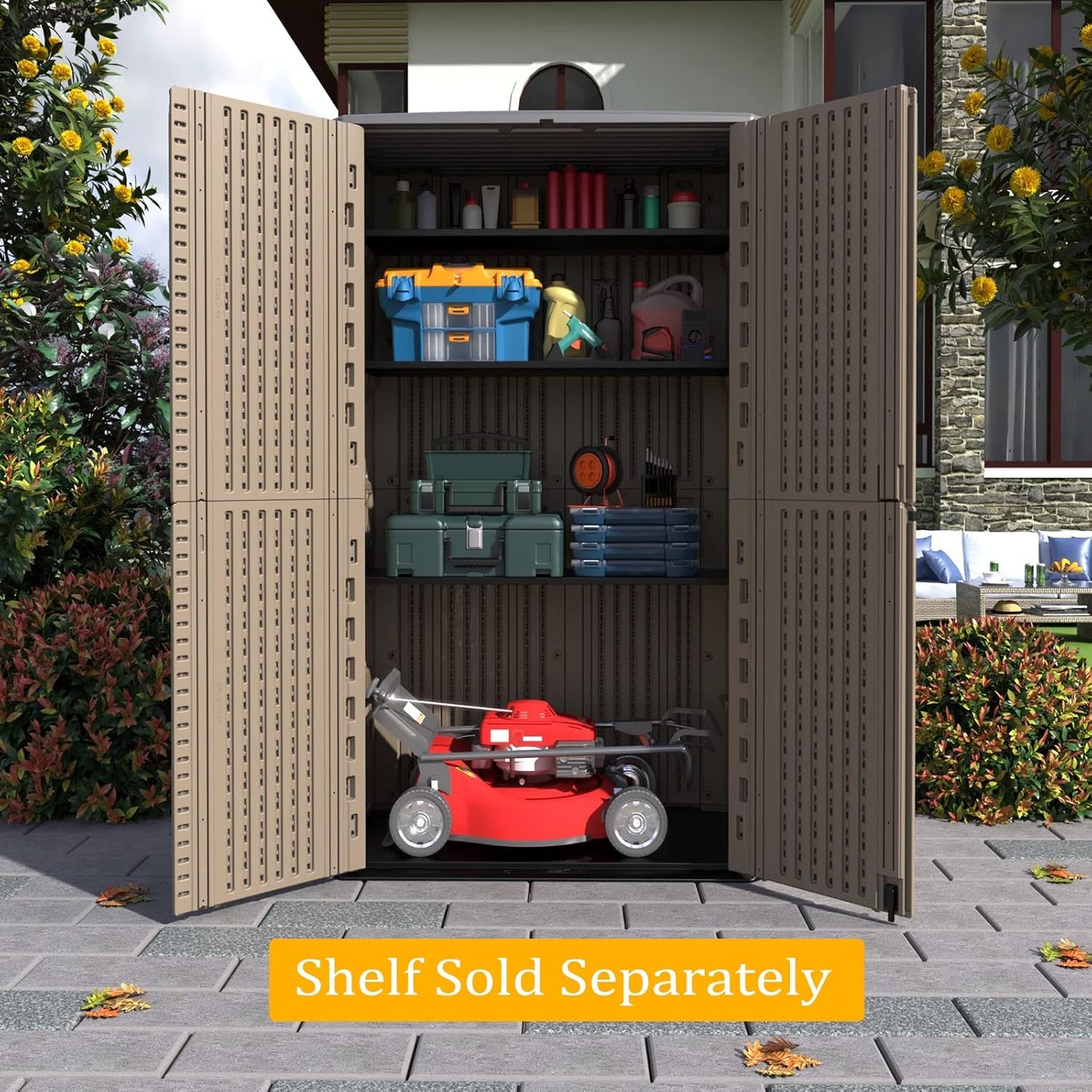 HOMSPARK Storage Shed Weather Resistance, Multi-Purpose Outdoor Storage Cabinet Waterproof, Outdoor Storage Cabinet for Garbage Cans, Lawnmower, Garden Accessories (Coffee, Tall shed-53 cu ft)