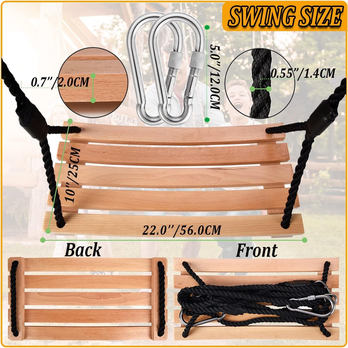 Taeku Adult Tree Swing, Hanging Beech Wood Swings with Adjustable Rope Garden Chair Seat Swing for Indoor Outdoor (22''x10'')