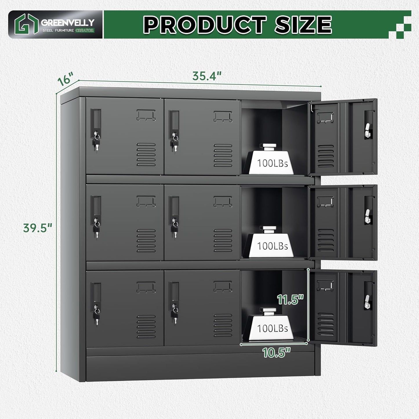 Greenvelly 9 Door Storage Locker for Employee, Metal Locker for Office, Gym, Shool, Lockable Black Steel Locker with Lock and Card Slot for Home,Garage