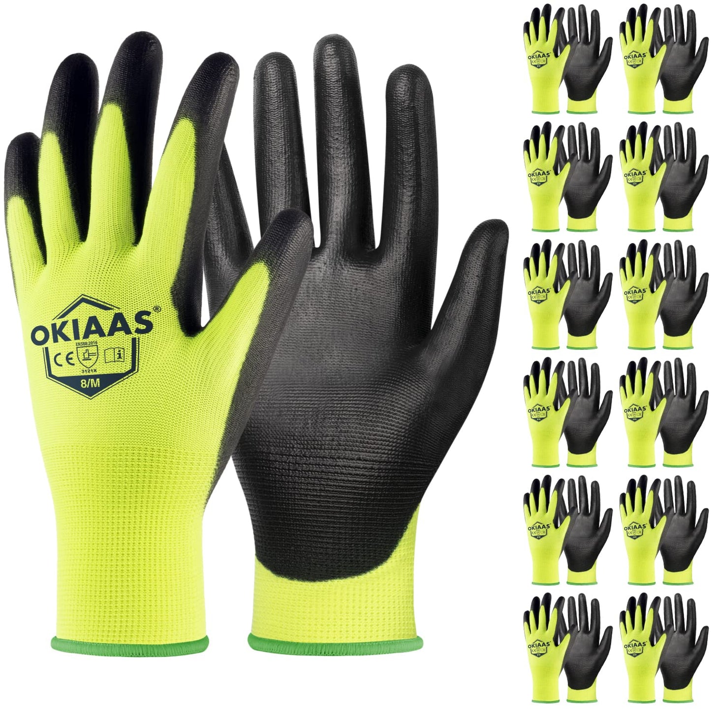 OKIAAS Work Gloves for Men, Ultra Thin and Lightweight with Grip, 12 Pairs Bulk Pack Construction Gloves with Polyurethane Coating, Safety Gloves for Light Duty Work (Green, Medium)