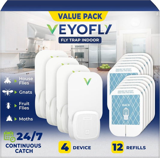 VEYOFLY Fly Trap Indoor, Fruit Fly Traps for Indoors, (4 Device + 12 Refills) Gnat Traps for House Indoor, Fly Catcher Indoor, Plug in Light Flying Insect Trap, Bug Light Killer, Fly Trap