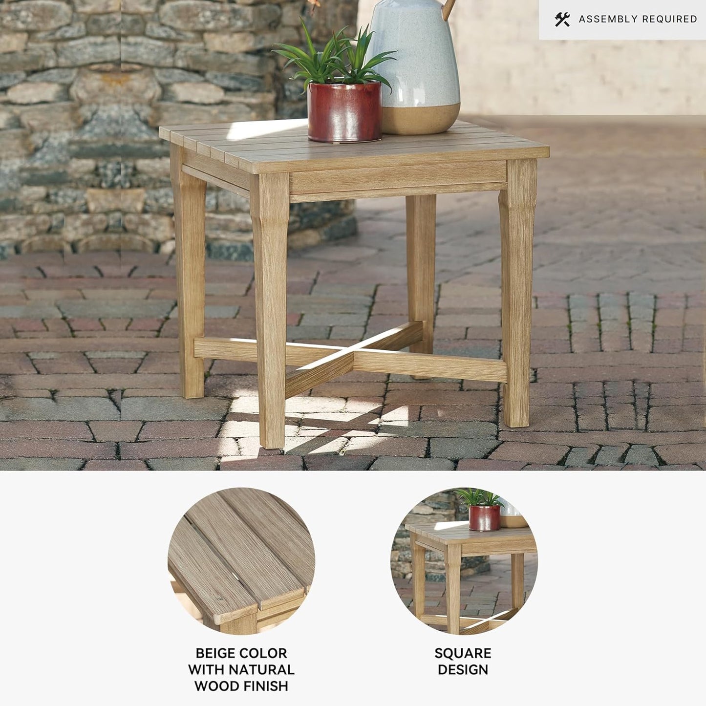 Signature Design by Ashley Outdoor Eucalyptus Carter Hall Patio End Table, Beige