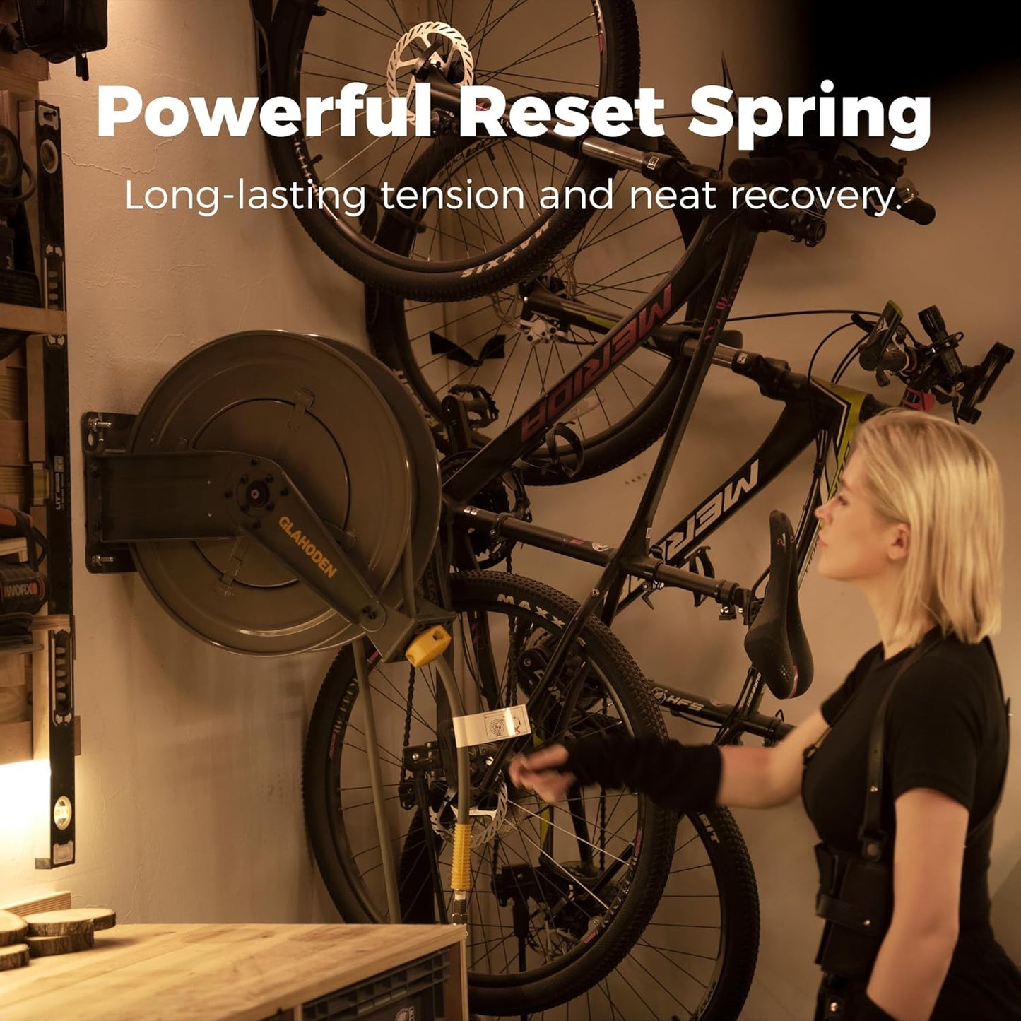 Double Arm Retractable Air Hose Reel, 3/8 in × 80 ft Hybrid Hose Heavy Duty Steel Professional Air Compressor Hose Reel with 5 ft Lead in Max 300PSI Auto Rewind Quick Coupler Swivel Fitting