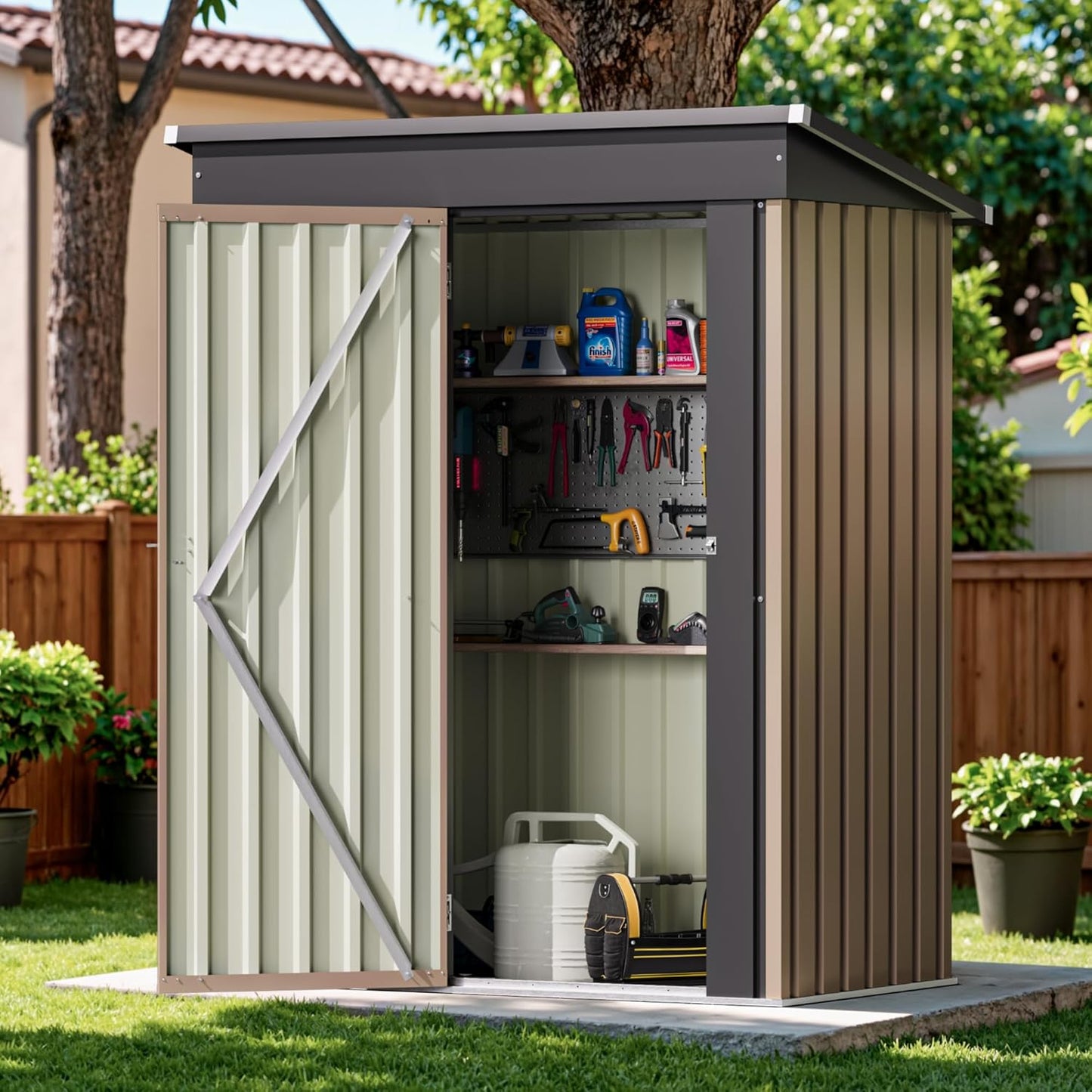 Devoko Outdoor Storage Shed 5 x 3 FT Lockable Metal Garden Shed Steel Anti-Corrosion Storage House with Single Lockable Door for Backyard Outdoor Patio (Brown)