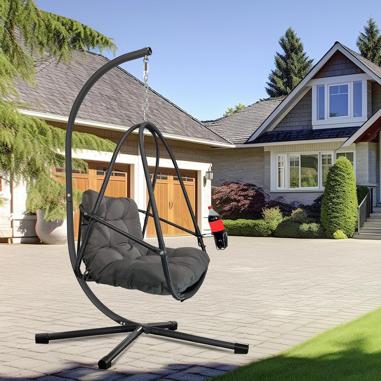 JESE Swing Egg Chair with Stand Foldable Frame Hanging Chairs for Indoor Outside,with UV Resistant Waterproof Cushion and Cup Holder,Swing Hammock Chairs for Patio,Bedroom,Balcony, Garden,350LBS,Black
