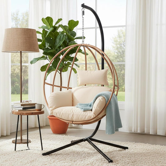Egg Chairs Outdoor, Hanging Egg Chair with Stand, All Weather Swing Chair, Modern Swinging Egg Chairs Indoor, Metal Hanging Chairs with Cushions, Patio Lounge Chair for Balcony/Deck, Beige