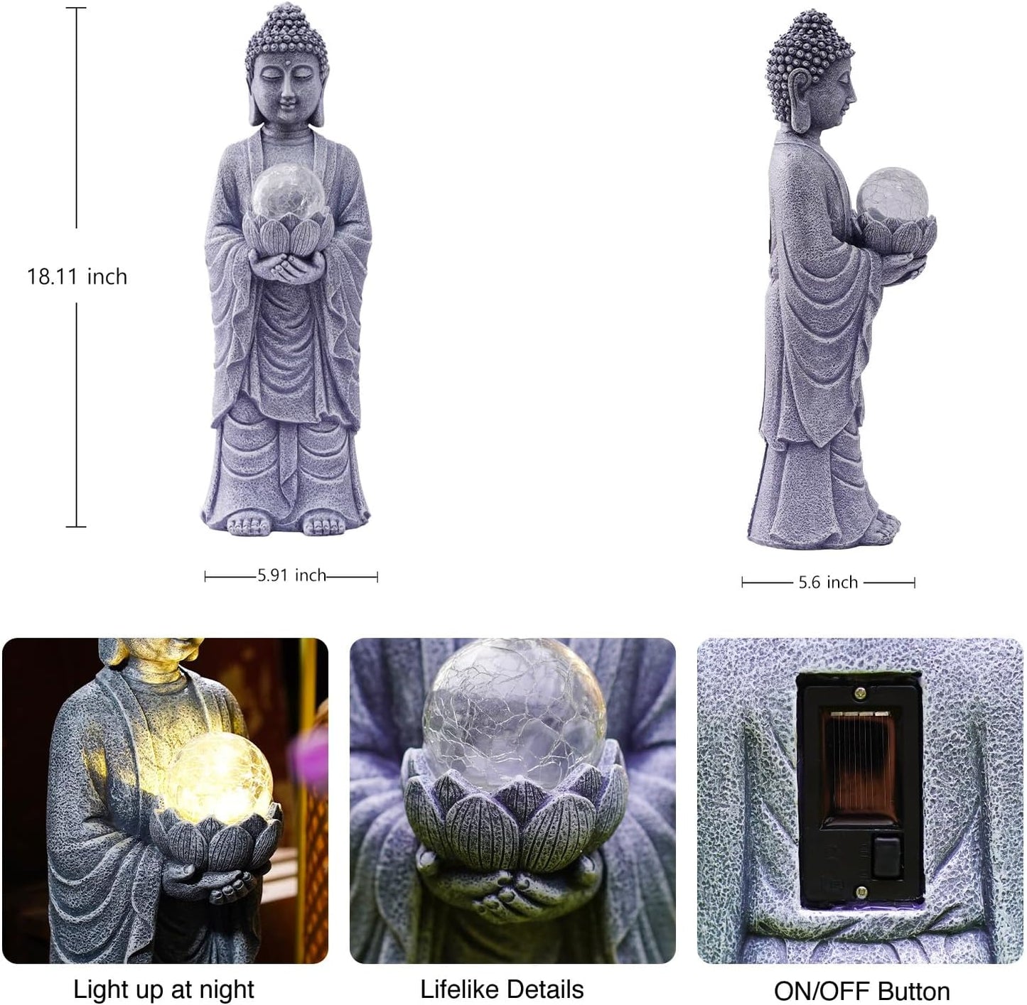 Goodeco Buddha Statue with Solar Lotus – 18.2 Inch Tall Large Garden Buddha Statue for Outside, Outdoor Zen Garden Statues