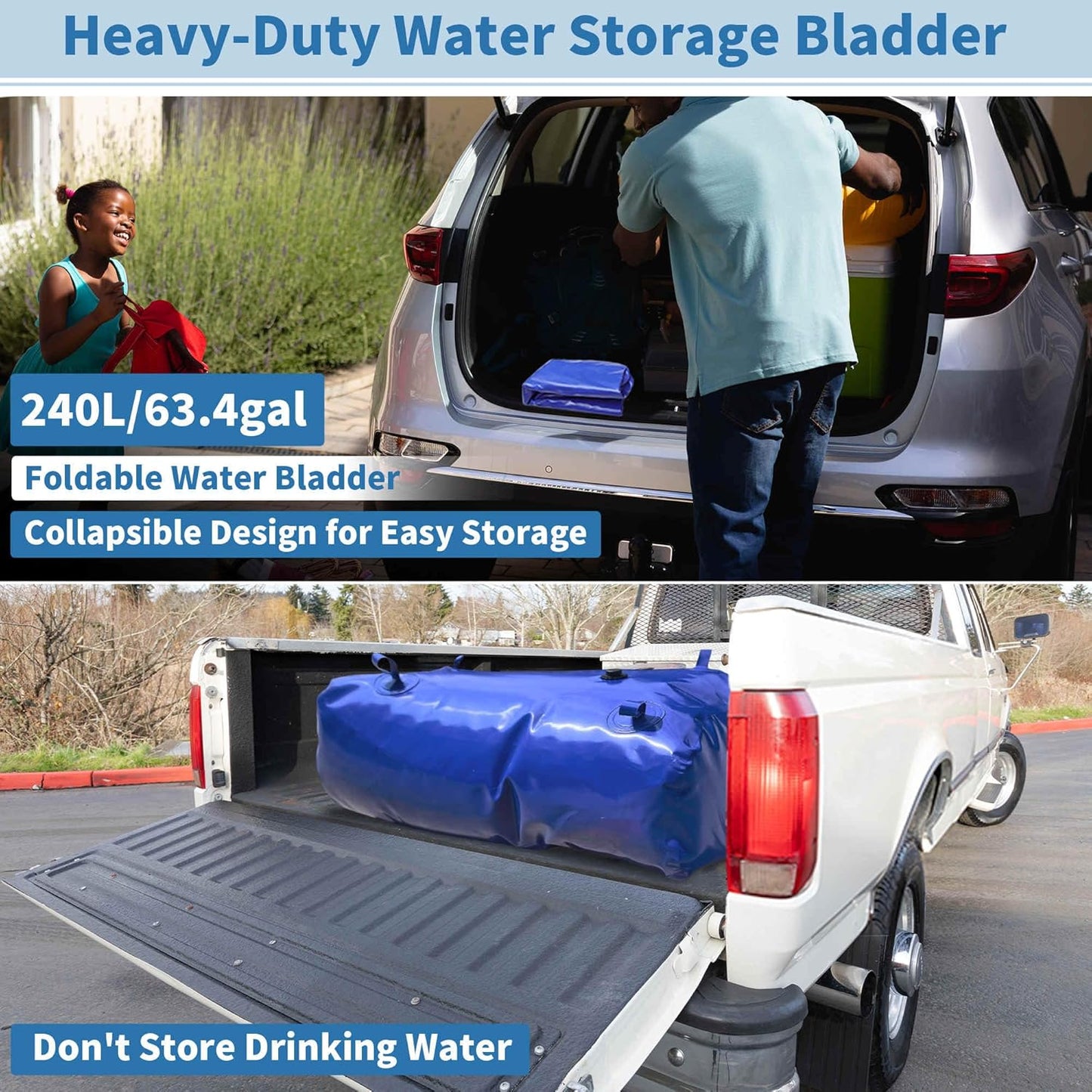 240 L/63.4 gal Water Storage Bladder Container Large Capacity Foldable Portable Water Tank Urgency Water Bladder Soft Water Bag RV Camping Garden Watering Field Irrigation 1000D