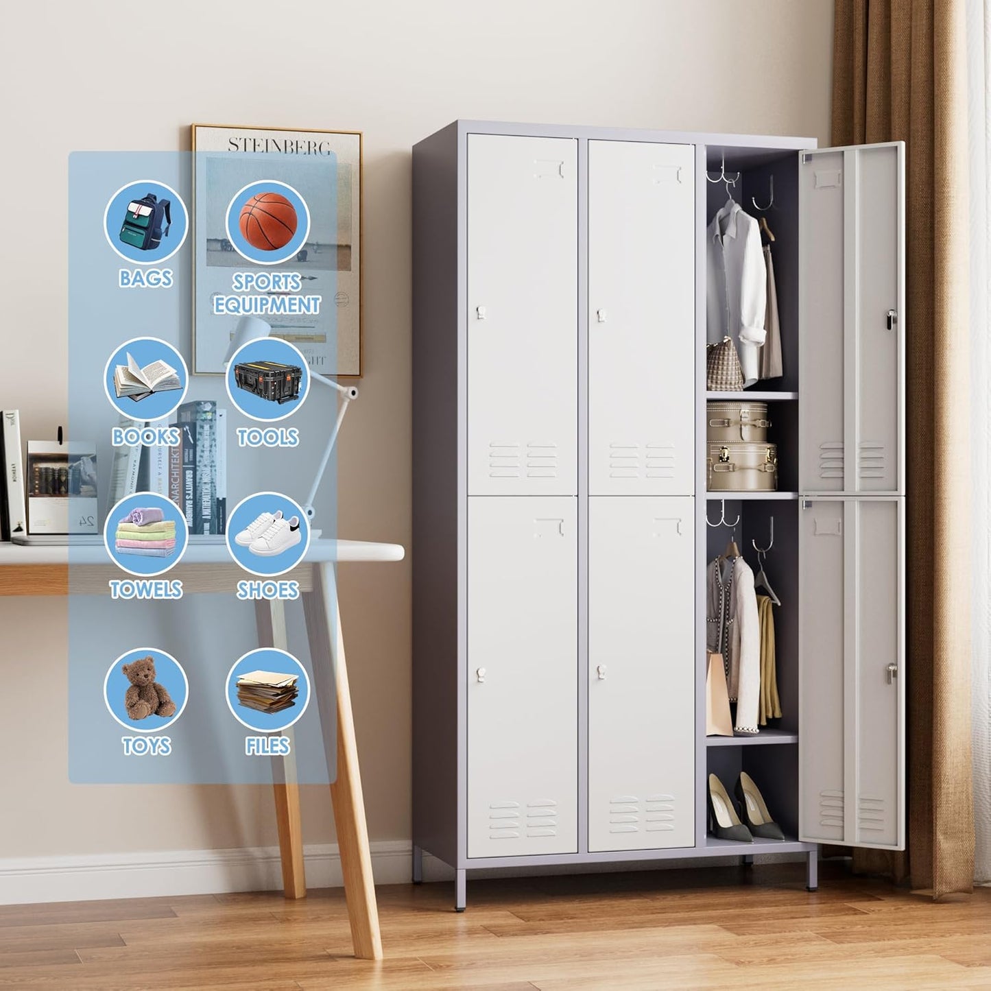 6 Doors Metal Locker for Employees with 18 Hooks and Business Card Holder,Metal Locker with Ventilation Holes for School Garage Office Gym Home,Assembly Required,Grey-White