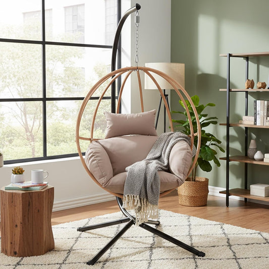 Egg Cahir Outdoor, Imitation Rattan Hanging Egg Chair with Stand, Hanging Chairs with Cushions, 80" High All Weather Basket Swinging Chairs, Egg Swing Chairs Outdoorfor Balcony/Deck, Khaki