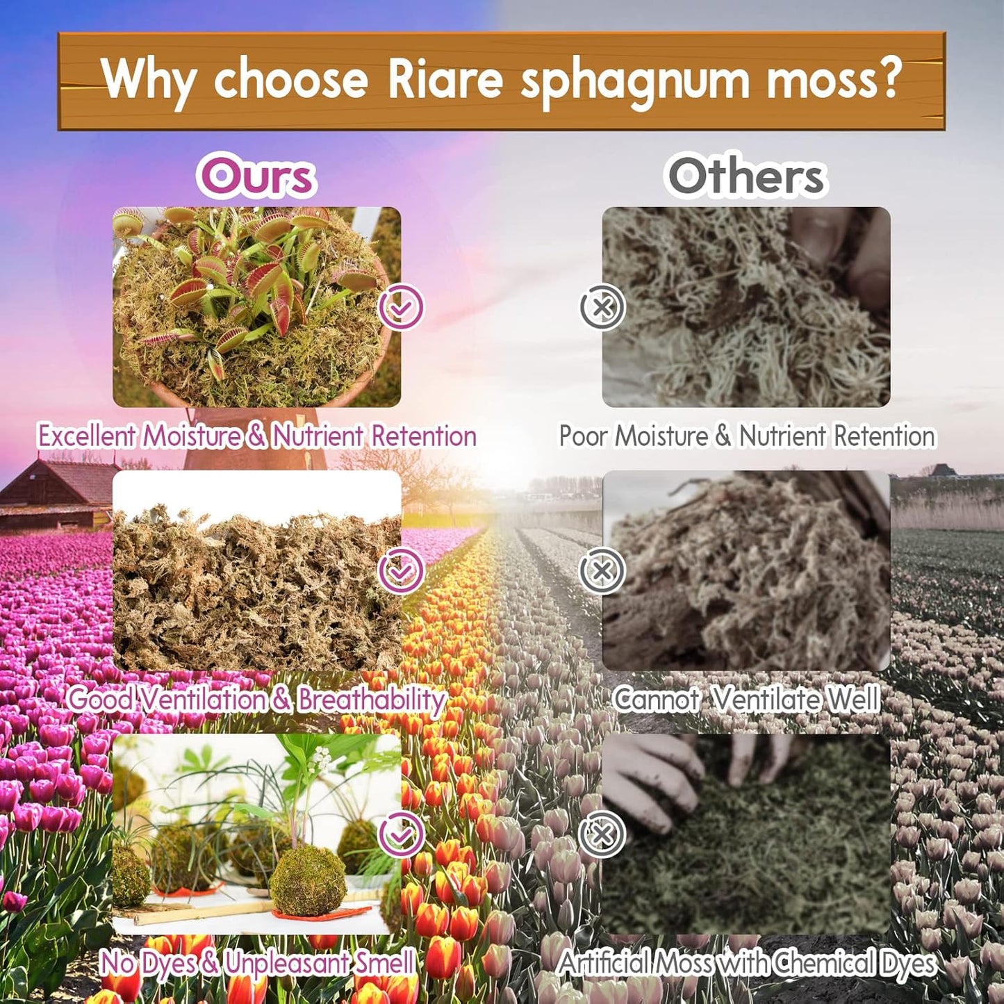 Riare 5.3 OZ Premium Sphagnum Moss for Plants- 6QT Natural Long Fiber Sphagnum Peat Moss Dried, Plants Moss Orchid Potting Mix for Orchids Repotting, Carnivorous Succulent Potted Plants and Reptiles