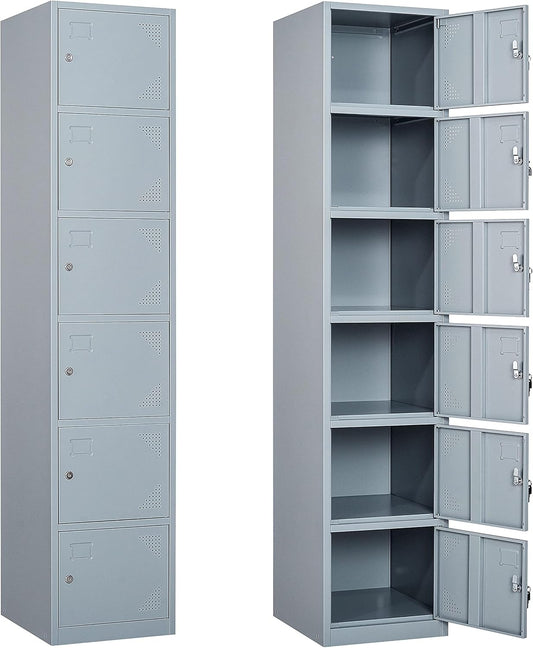 SISESOL Metal Locker Storage Cabinet with Doors and Shelves Metal Lockers with 6 Doors,71" Lockable Small Locker Storage Cabinet for Employees,School, Office, Home, Gym (Gray)