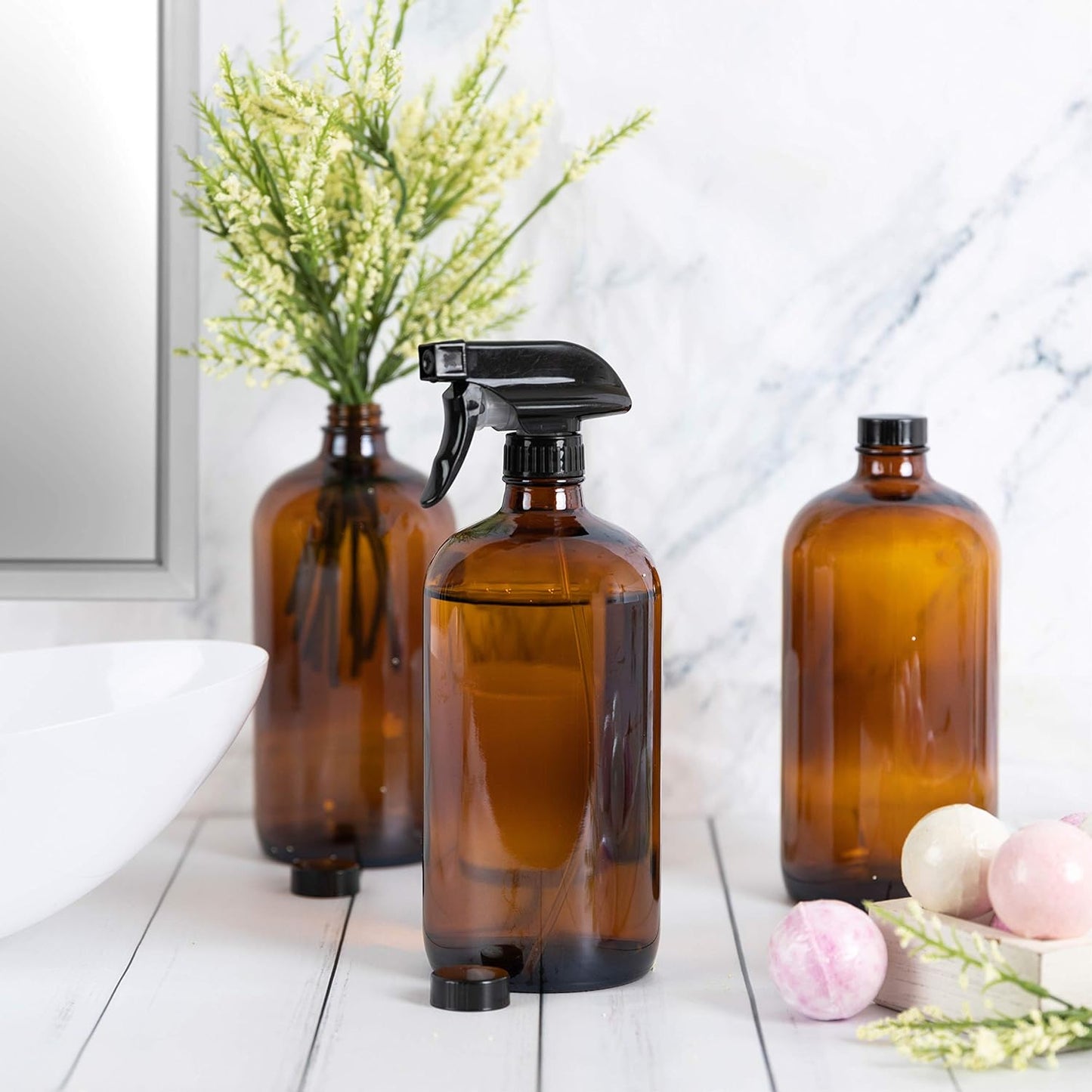 kitchentoolz Large 32oz Amber Glass Gardening Spray Bottles with Funnel - Refillable Trigger Sprayer Container for Plant Misting, Hair Salon, Indoor and Outdoor