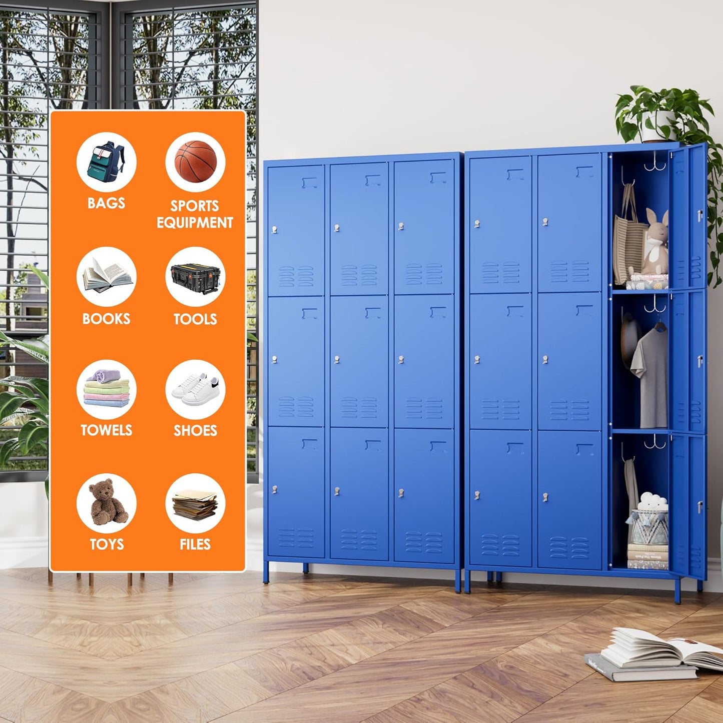 9 Doors Metal Storage Lockers for Employees with 27 Hooks,72" H Employee Lockers with Business Card Holder for Offices School Gyms Home,Assembly Required,Blue