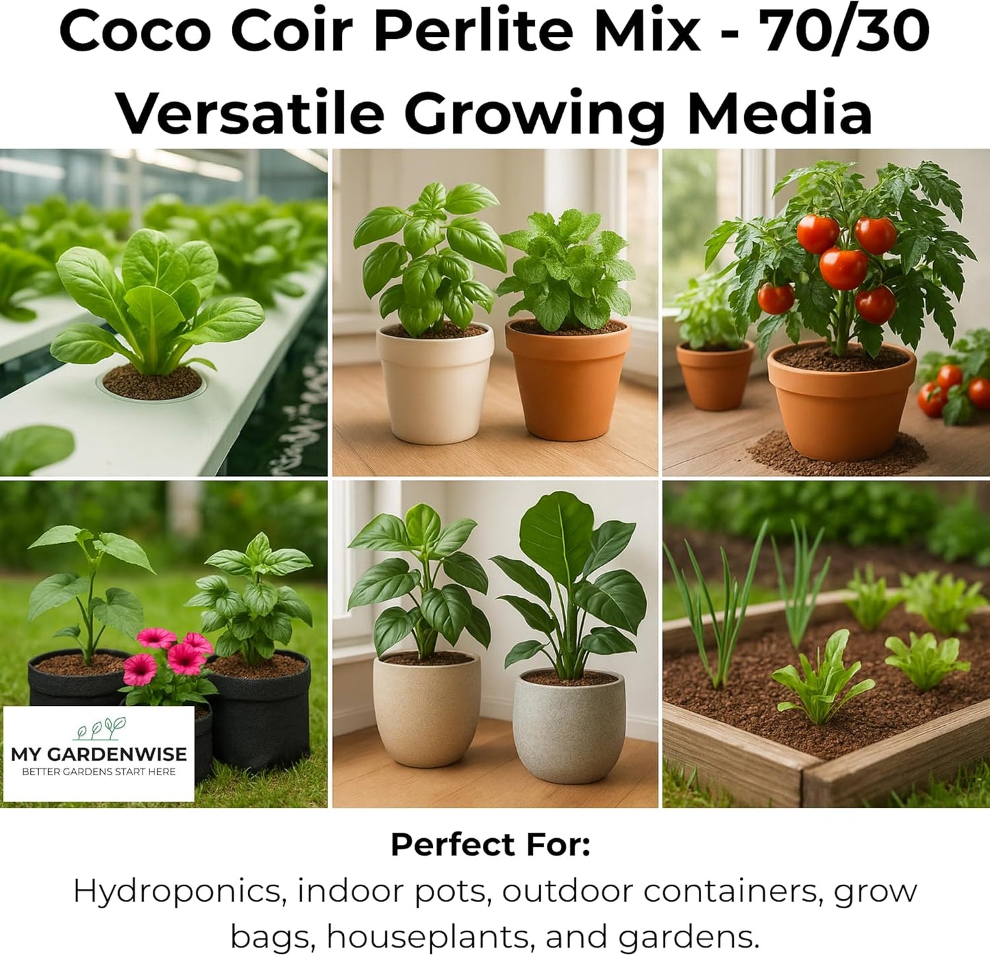 Coco Perlite - Coco Coir Perlite Mix - 70/30 Growing Media - Hydroponic, Indoor & Outdoor, Grow Bags & House Plants (3 quarts)