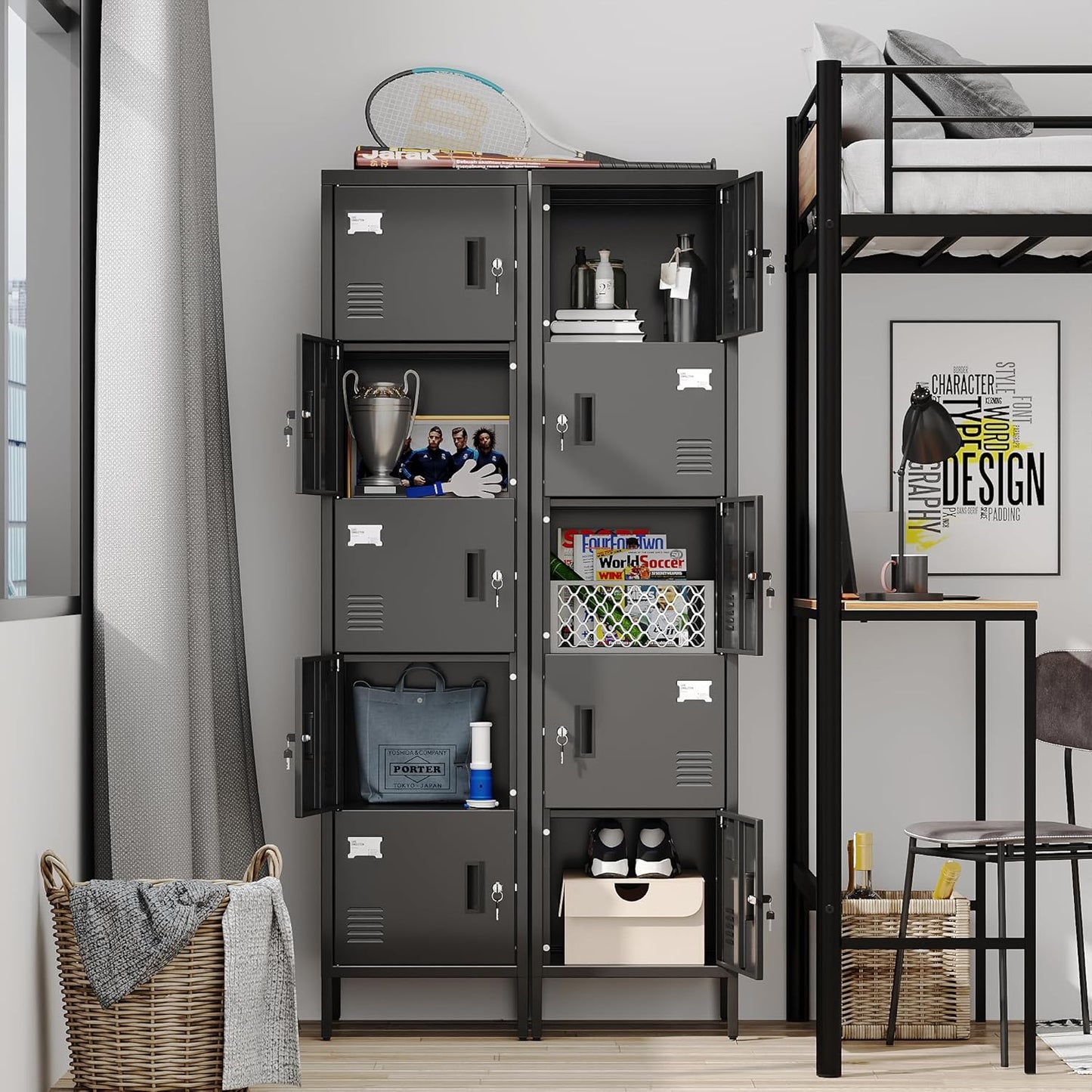 Metal Locker with Lock and Ventilation Holes,Metal Storage Locker with Business Card Slot for Home,Gym,Garage,School,Office,66" H x 15.8" W x 15.8" D Assembly Required,Black