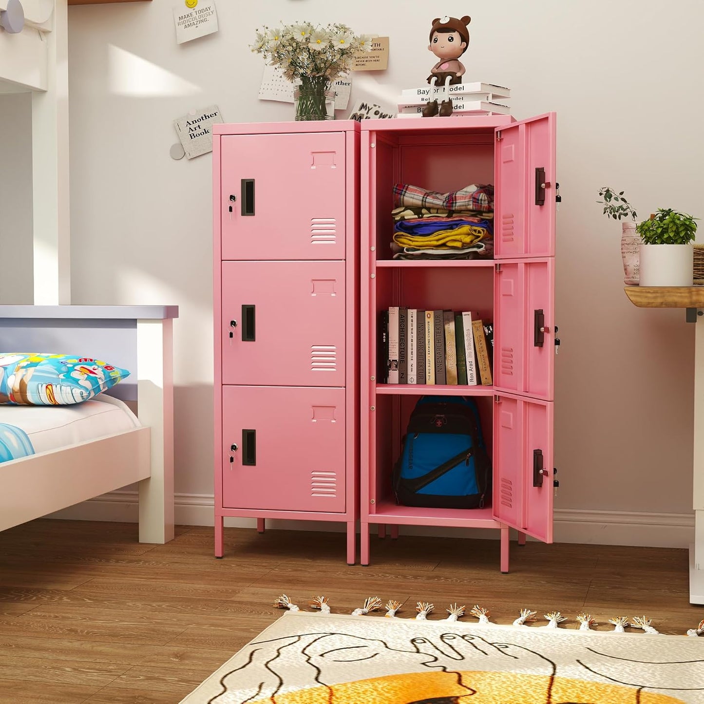 METAN Metal Storage Employees Locker with 3 Lockable Doors,47''H*16''W*16''D Locking Storage Cabinets for Small Spaces,Home,School,Gym,Assembly Required,Pink