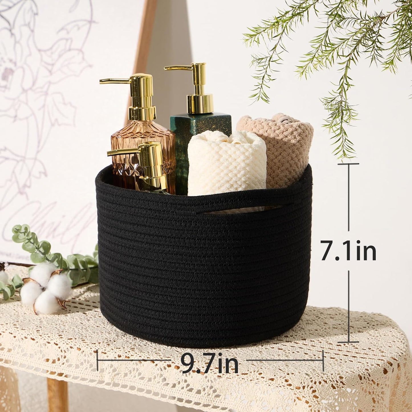 Small Basket for Organizing | Cube Shelf Closet Storage Baskets | 9.7×9.7×7.1” | Woven Rope Gift Basket | Nursery | Round 3 Packs Black