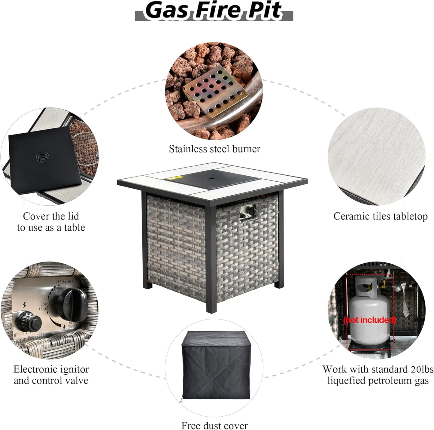 HOOOWOOO 9 Piece Modular Patio Outdoor Sectional Furniture Set with Gas Propane Fire Pit Table,Wicker Conversation Sofa Set with Swivel Chairs,Outside Couch Set(Dark Grey)