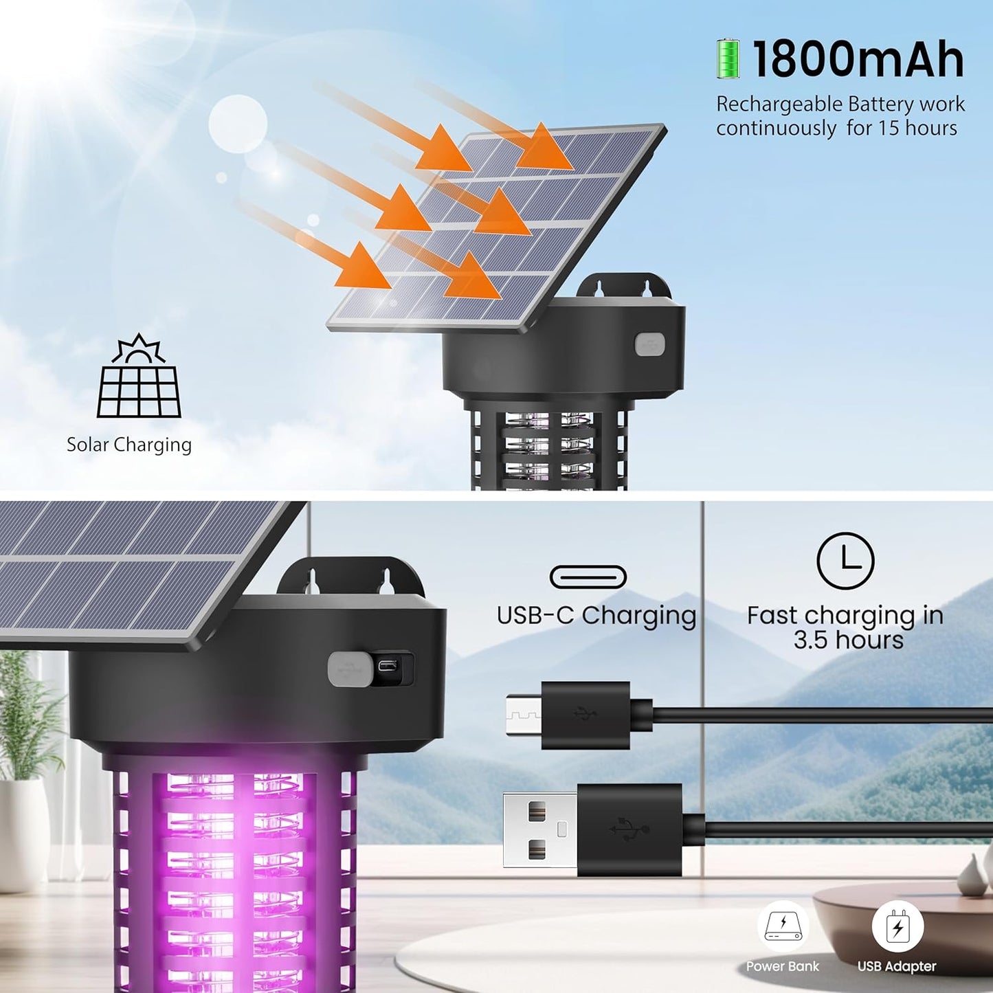 Solar Powered Bug Zapper Light 2 Pack Waterproof Outdoor Mosquito Killer Lamp Auto On/Off Cordless Garden Mosquito Zapper