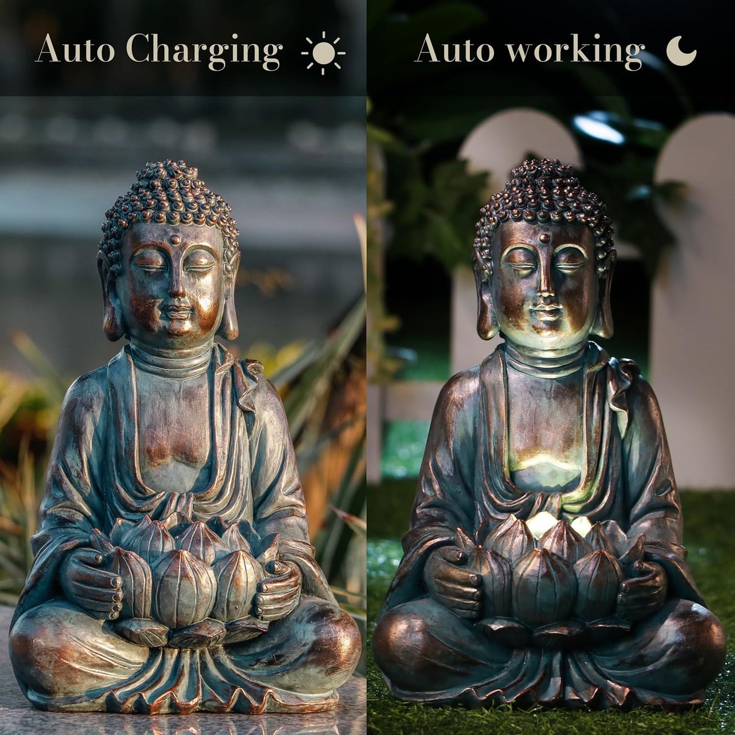 TERESA'S Collections Meditating Buddha Statue for Garden Decor with Outdoor Solar Lights, Large Resin Outdoor Decor Garden Statue Sculpture for Home Lawn Yard Decor Gifts for Dad and Mom, 10.4''