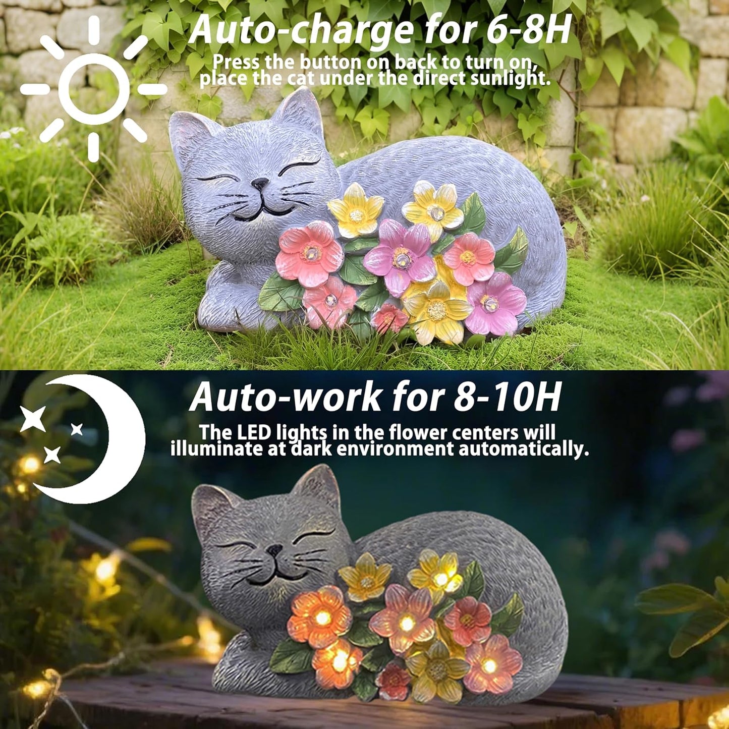 Solar Cat Outdoor Statue, Resin Solar Cat Lights with Flower for Outside, Garden Cats Figurine for Lawn Porch Yard Art - Birthday Gifts for Mom Grandma Women