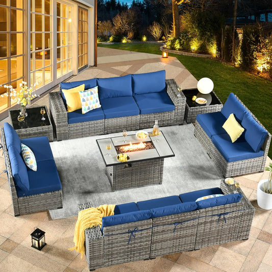HOOOWOOO 13 Piece Modular Patio Outdoor Sectional Furniture Set with Gas Propane Fire Pit Table,Wicker Conversation Sofa Set,Out Door Couch Set with Wide Arm Outside(Navy Blue)