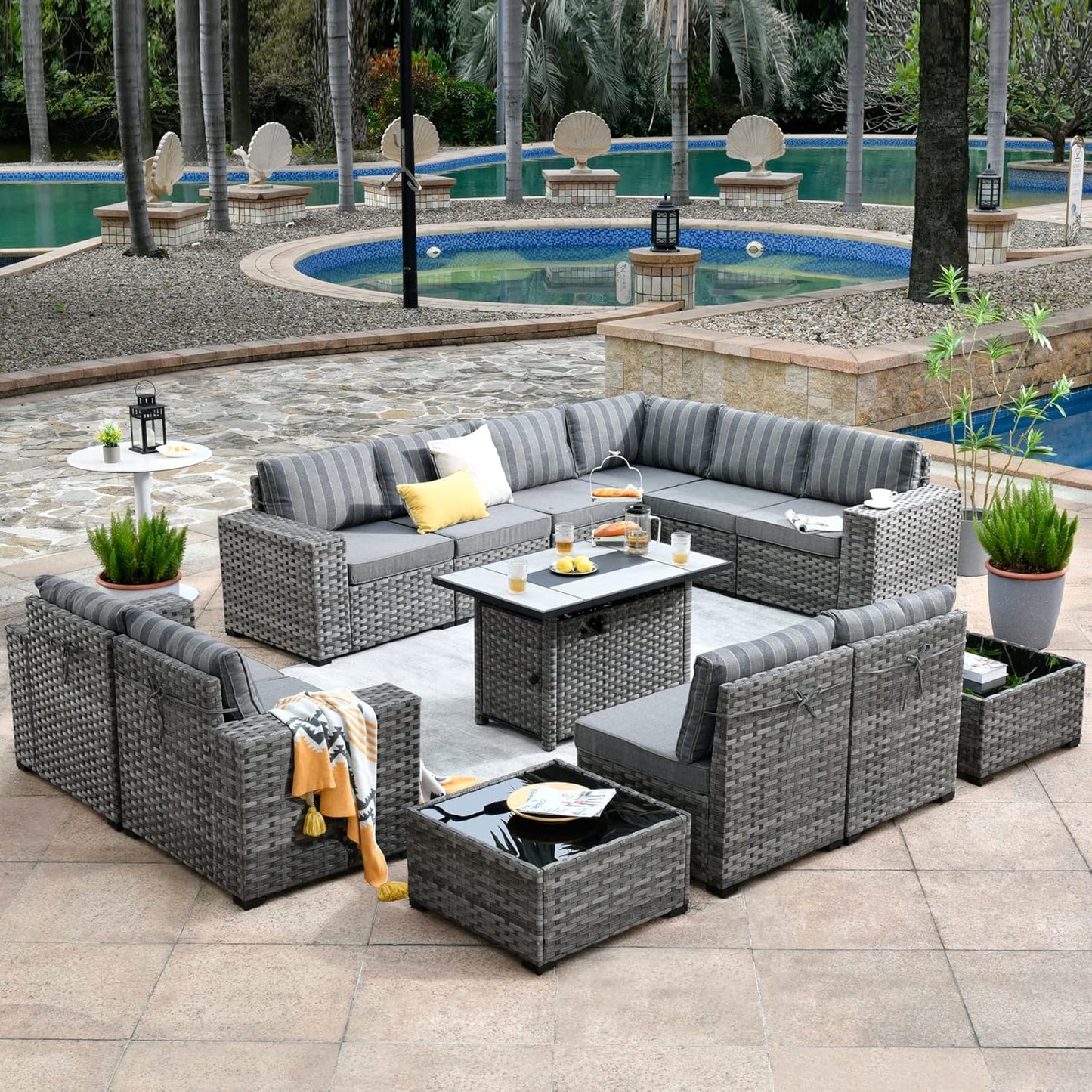 HOOOWOOO 13 Piece Modular Patio Outdoor Sectional Furniture Set with Gas Propane Fire Pit Table,Wicker Conversation Sofa Set,Out Door Couch Set with Wide Arm Outside(Grey Stripes)