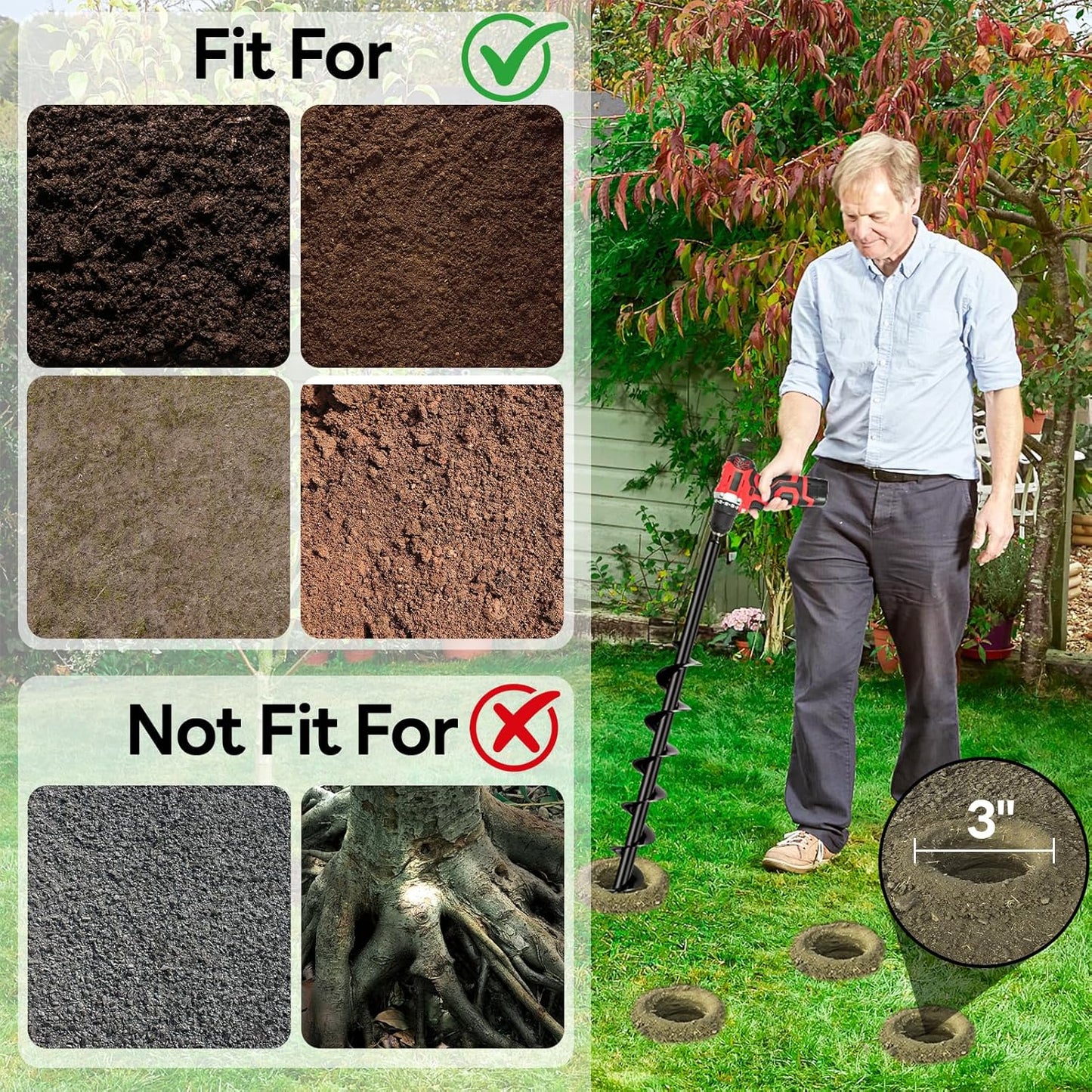 Upgraded Auger Drill Bit for Planting, 3''x32'' Drill Auger for Digging Holes, Heavy Duty Post Hole Digger for Garden Planting, Bulbs Fences Umbrella Holes, Fit 3/8" Hex Drive Drill